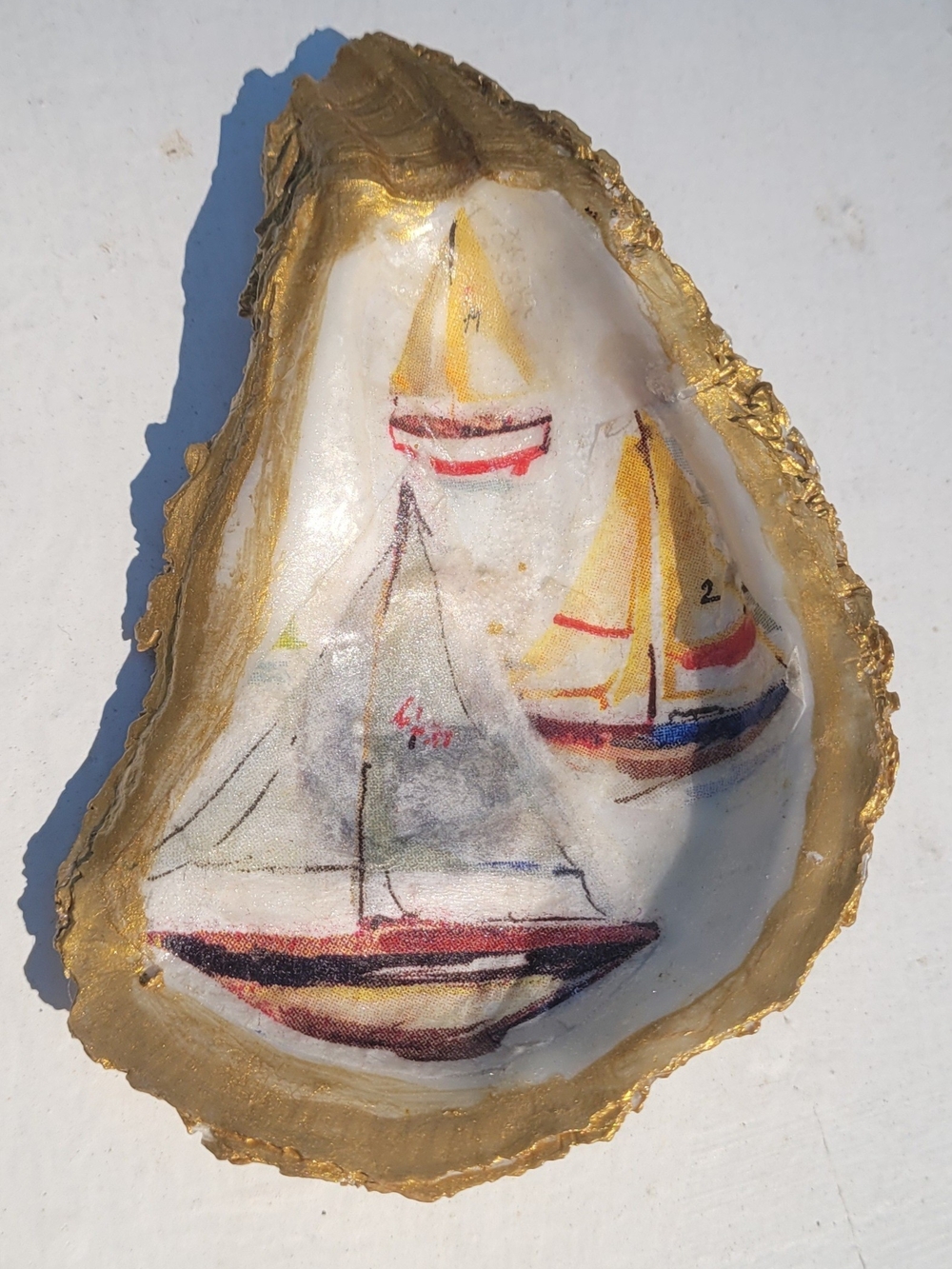 Decoupage Nautical Oyster Shell Jewlery Dish With Gold Accents